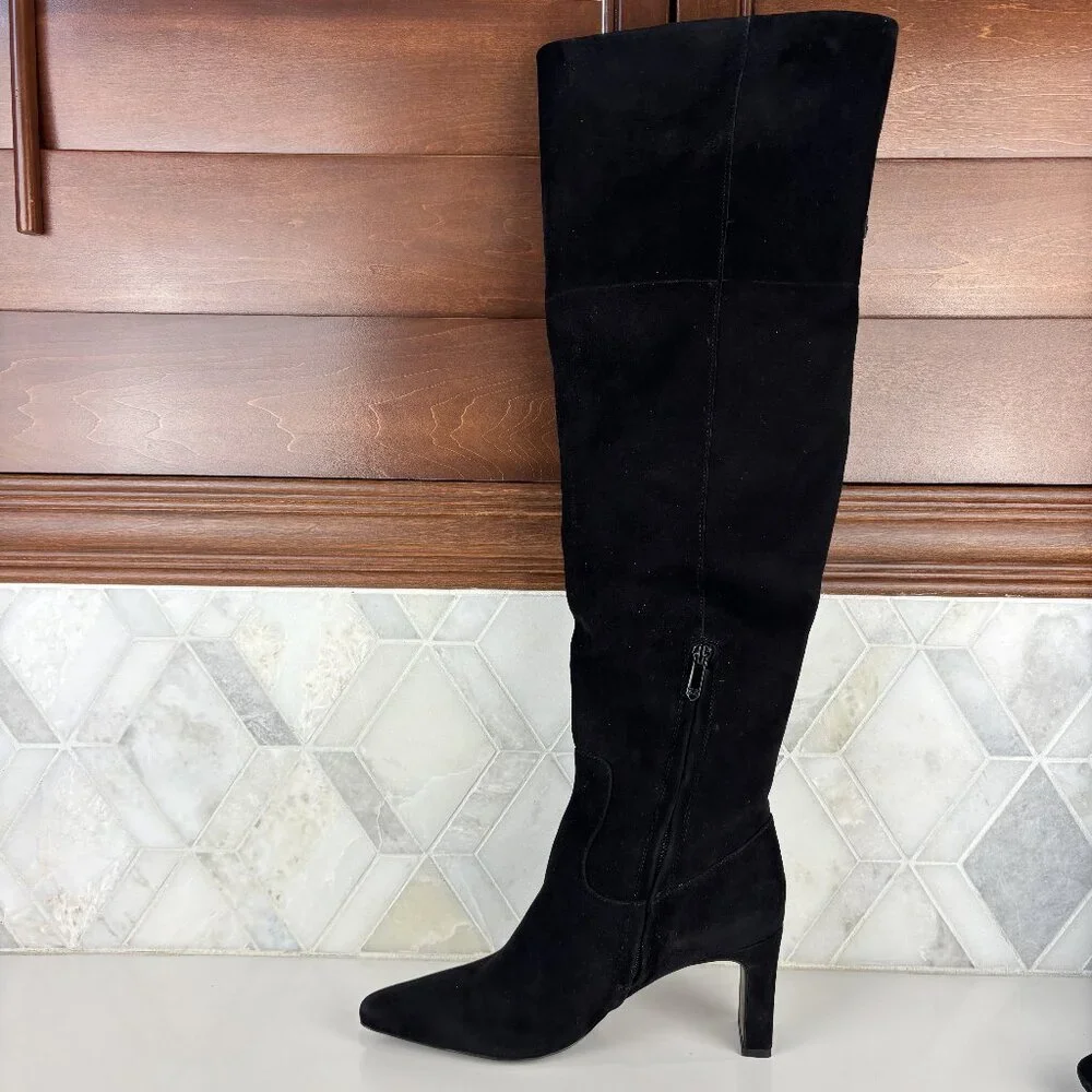 8.5 Wide Calf Black Suede Leather Tall Boot Over The Knee Zip Block Heel Shea